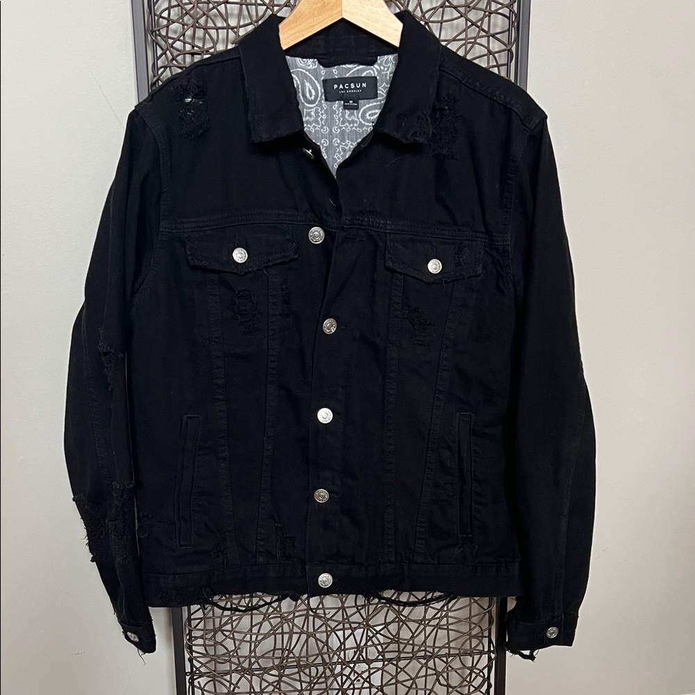 PacSun Distressed Ripped Black Denim Jacket 100% Cotton, Cotton Bl Lined Men’s M